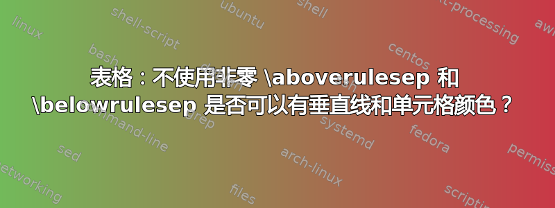 表格：不使用非零 \aboverulesep 和 \belowrulesep 是否可以有垂直线和单元格颜色？