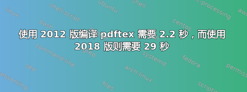 使用 2012 版编译 pdftex 需要 2.2 秒，而使用 2018 版则需要 29 秒