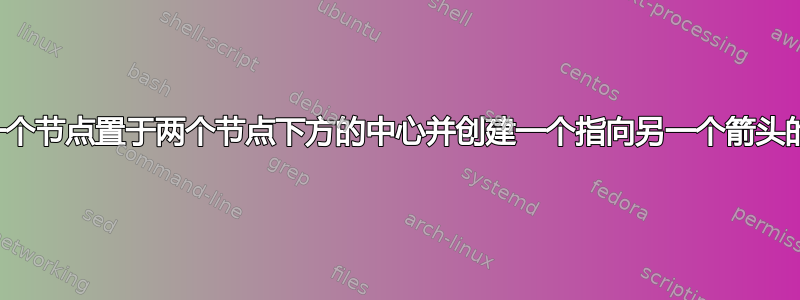 如何将一个节点置于两个节点下方的中心并创建一个指向另一个箭头的箭头？