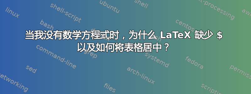 当我没有数学方程式时，为什么 LaTeX 缺少 $ 以及如何将表格居中？