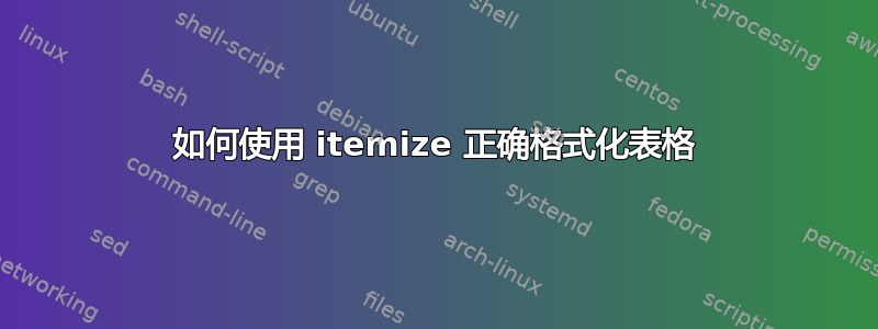 如何使用 itemize 正确格式化表格