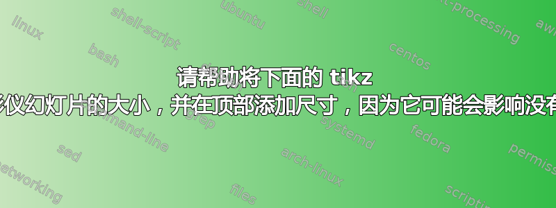 请帮助将下面的 tikz 图片制作成适合投影仪幻灯片的大小，并在顶部添加尺寸，因为它可能会影响没有图片的其他幻灯片