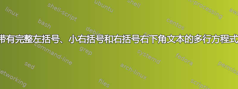 带有完整左括号、小右括号和右括号右下角文本的多行方程式