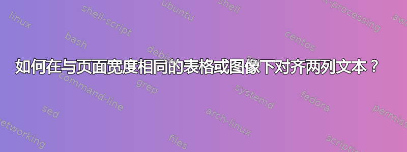 如何在与页面宽度相同的表格或图像下对齐两列文本？ 