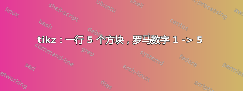 tikz：一行 5 个方块，罗马数字 1 -> 5