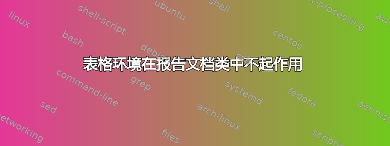 表格环境在报告文档类中不起作用