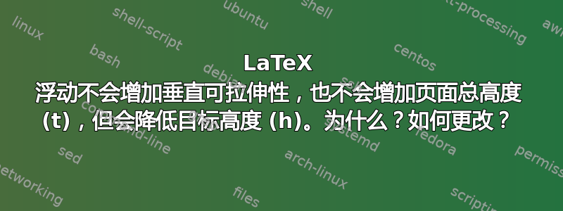 LaTeX 浮动不会增加垂直可拉伸性，也不会增加页面总高度 (t)，但会降低目标高度 (h)。为什么？如何更改？