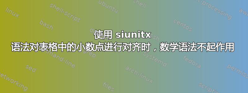 使用 siunitx 语法对表格中的小数点进行对齐时，数学语法不起作用