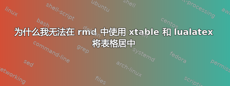 为什么我无法在 rmd 中使用 xtable 和 lualatex 将表格居中