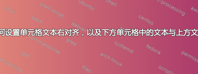 在表格中，如何设置单元格文本右对齐，以及下方单元格中的文本与上方文本的开头对齐