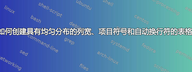 如何创建具有均匀分布的列宽、项目符号和自动换行符的表格