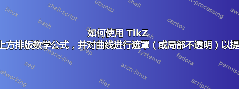 如何使用 TikZ 在函数曲线上方排版数学公式，并对曲线进行遮罩（或局部不透明）以提高可读性？