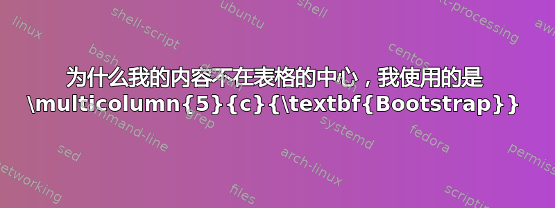 为什么我的内容不在表格的中心，我使用的是 \multicolumn{5}{c}{\textbf{Bootstrap}}