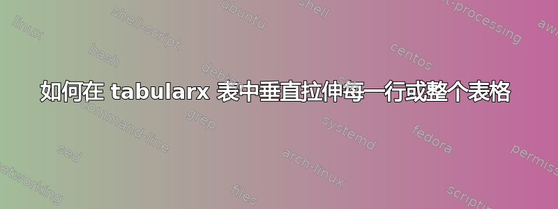 如何在 tabularx 表中垂直拉伸每一行或整个表格