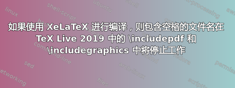 如果使用 XeLaTeX 进行编译，则包含空格的文件名在 TeX Live 2019 中的 \includepdf 和 \includegraphics 中将停止工作