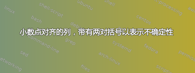 小数点对齐的列，带有两对括号以表示不确定性