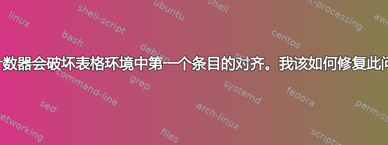 使用计数器会破坏表格环境中第一个条目的对齐。我该如何修复此问题？