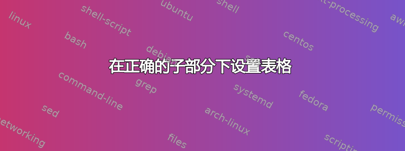 在正确的子部分下设置表格