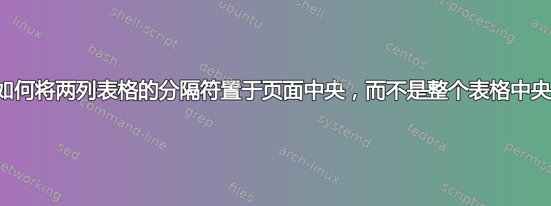 如何将两列表格的分隔符置于页面中央，而不是整个表格中央