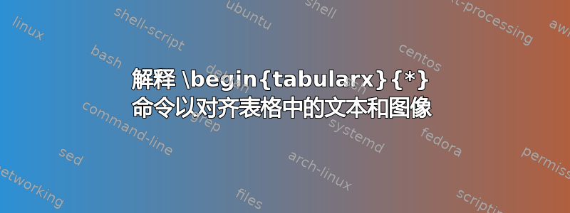 解释 \begin{tabularx}{*} 命令以对齐表格中的文本和图像