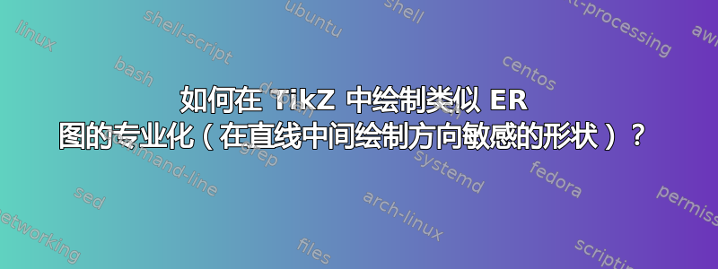 如何在 TikZ 中绘制类似 ER 图的专业化（在直线中间绘制方向敏感的形状）？