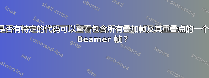 是否有特定的代码可以查看包含所有叠加帧及其重叠点的一个 Beamer 帧？