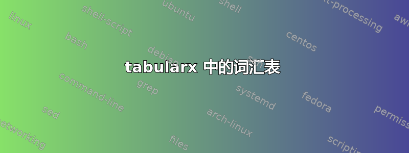 tabularx 中的词汇表