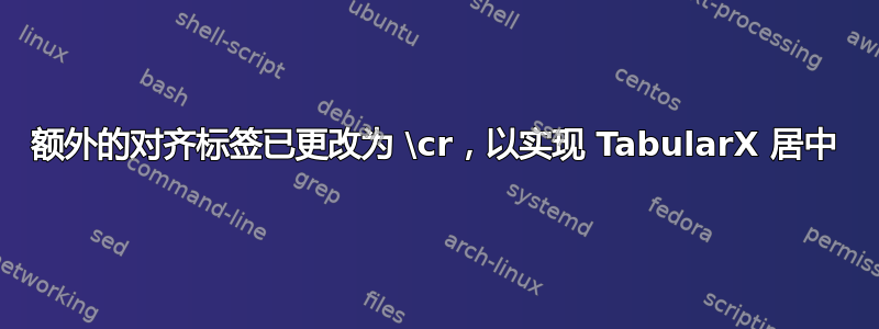 额外的对齐标签已更改为 \cr，以实现 TabularX 居中