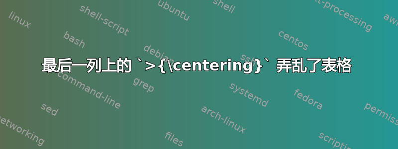 最后一列上的 `>{\centering}` 弄乱了表格