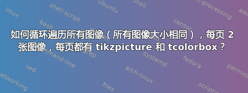 如何循环遍历所有图像（所有图像大小相同），每页 2 张图像，每页都有 tikzpicture 和 tcolorbox？