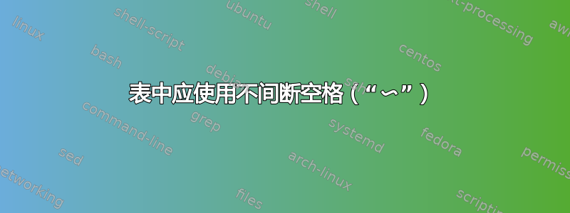 表中应使用不间断空格（“〜”）