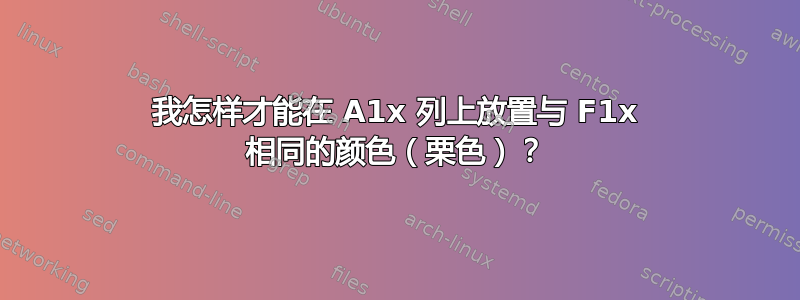 我怎样才能在 A1x 列上放置与 F1x 相同的颜色（栗色）？