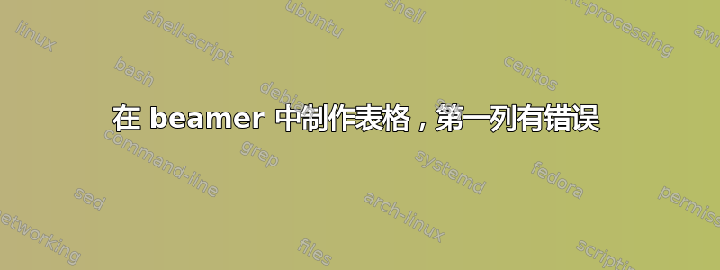 在 beamer 中制作表格，第一列有错误