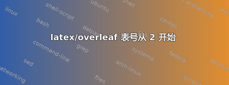 latex/overleaf 表号从 2 开始