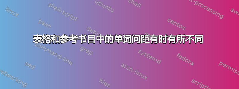 表格和参考书目中的单词间距有时有所不同