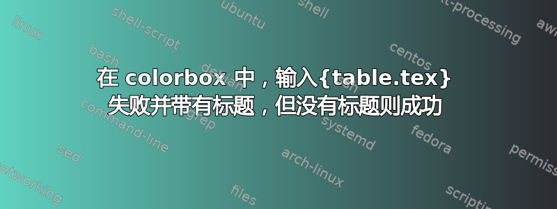 在 colorbox 中，输入{table.tex} 失败并带有标题，但没有标题则成功