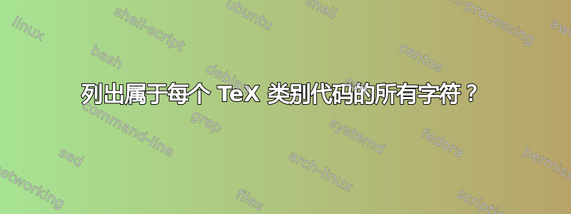 列出属于每个 TeX 类别代码的所有字符？