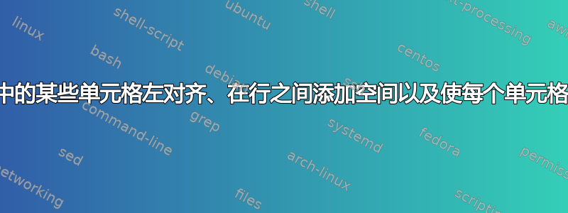 如何使表格中的某些单元格左对齐、在行之间添加空间以及使每个单元格垂直居中？