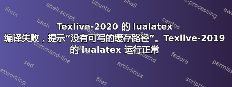 Texlive-2020 的 lualatex 编译失败，提示“没有可写的缓存路径”。Texlive-2019 的 lualatex 运行正常