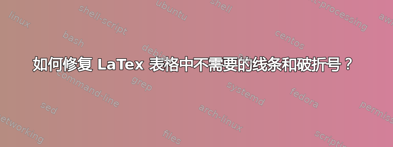 如何修复 LaTex 表格中不需要的线条和破折号？