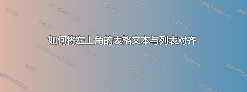 如何将左上角的表格文本与列表对齐