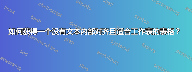 如何获得一个没有文本内部对齐且适合工作表的表格？