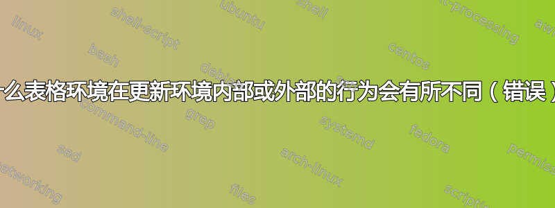 为什么表格环境在更新环境内部或外部的行为会有所不同（错误）？