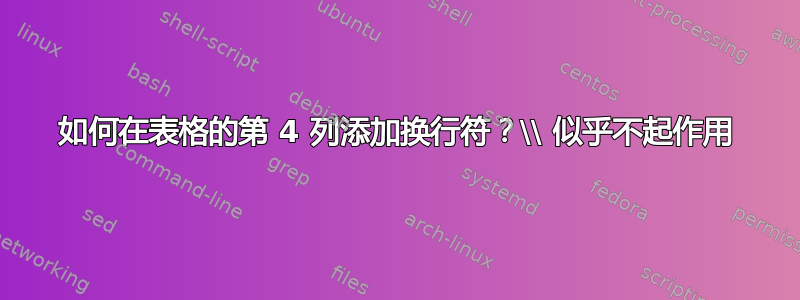 如何在表格的第 4 列添加换行符？\\ 似乎不起作用