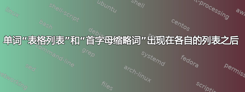 单词“表格列表”和“首字母缩略词”出现在各自的列表之后