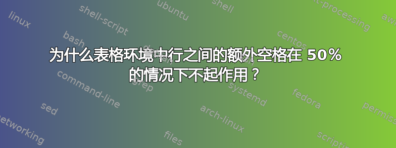 为什么表格环境中行之间的额外空格在 50％ 的情况下不起作用？