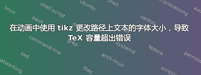 在动画中使用 tikz 更改路径上文本的字体大小，导致 TeX 容量超出错误