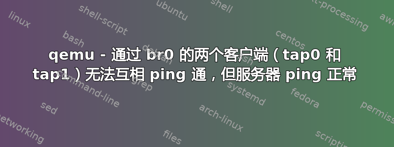 qemu - 通过 br0 的两个客户端（tap0 和 tap1）无法互相 ping 通，但服务器 ping 正常