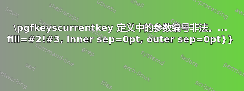 \pgfkeyscurrentkey 定义中的参数编号非法。... fill=#2!#3, inner sep=0pt, outer sep=0pt}} 