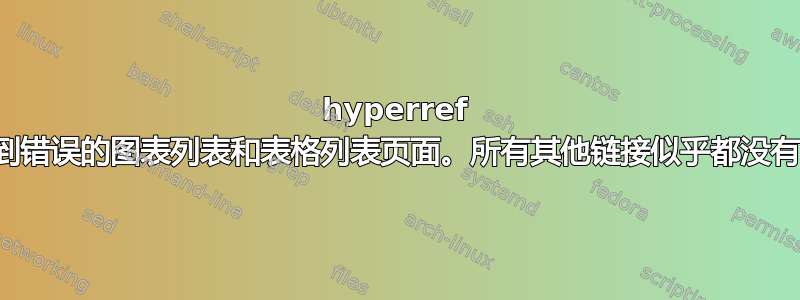 hyperref 链接到错误的图表列表和表格列表页面。所有其他链接似乎都没有问题